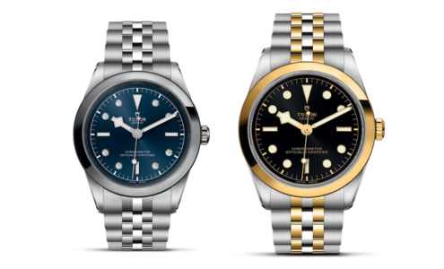 Two TUDOR Black Bay One watches, one stainless steel and the other stainless steel and gold, both available at La Différence Time Centre.