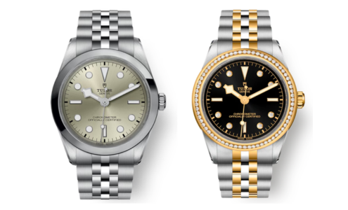 Two TUDOR Black Bay One watches, one stainless steel and the other stainless steel and gold with diamond accents on the bezel and dial, both available at La Différence Time Centre.