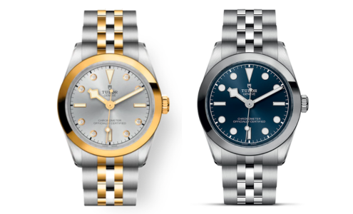 Two TUDOR Black Bay One watches, one stainless steel and gold with diamond indexes and the other stainless steel, both available at La Différence Time Centre.