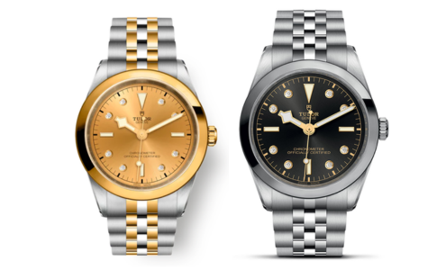 Two TUDOR Black Bay One watches, one stainless steel and gold with diamond indexes and the other stainless steel, both available at La Différence Time Centre.