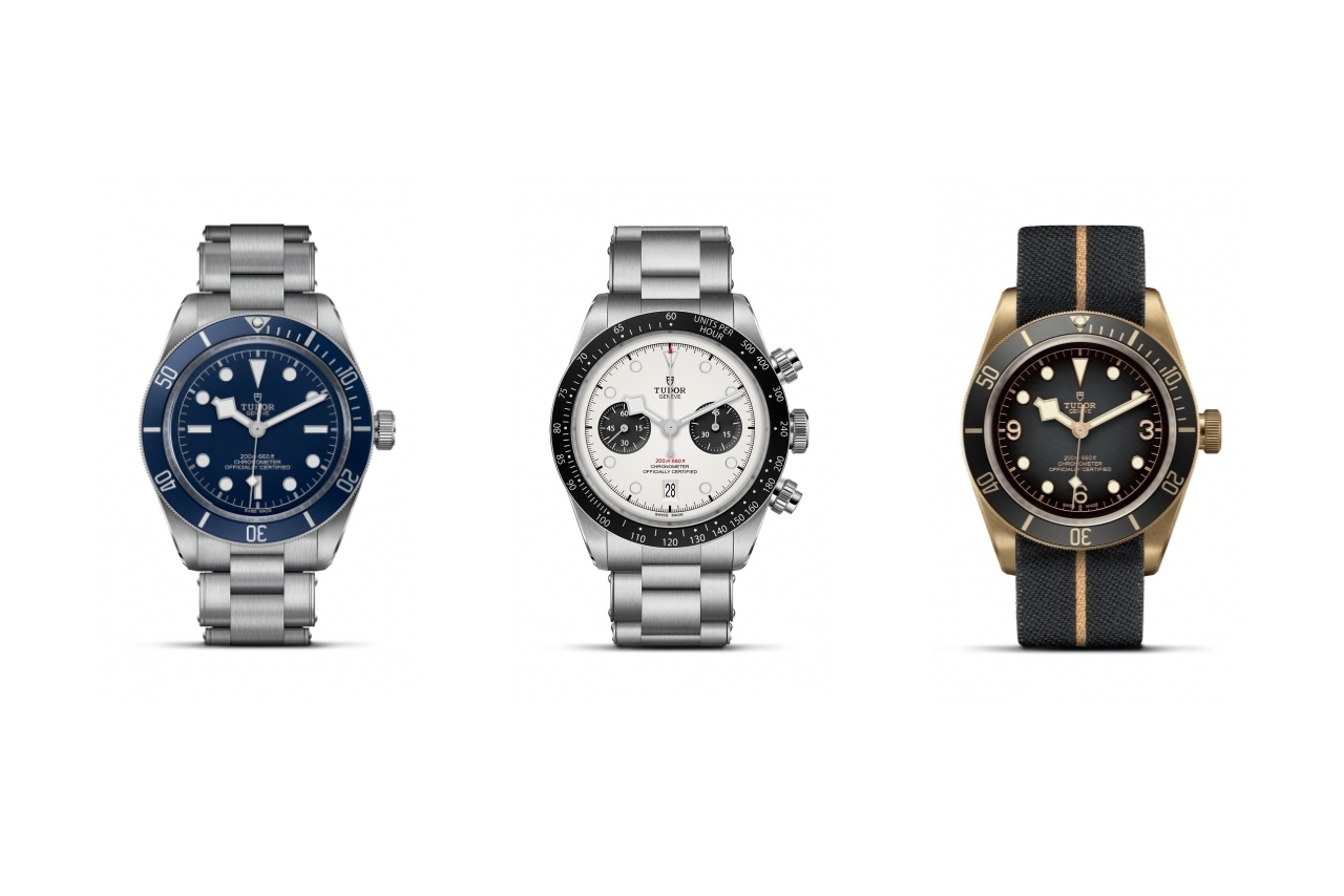 A selection of Black Bay TUDOR wristwatches; left to right, Black Bay 58, Black Bay Chrono, and Black Bay Bronze.