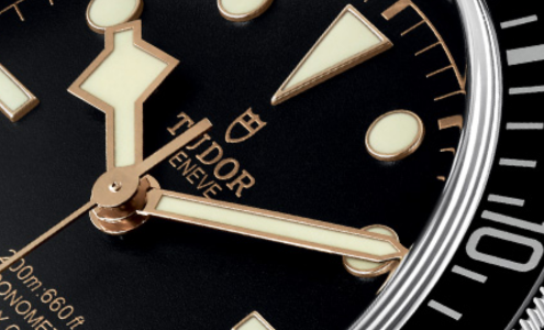 A close-up of the sleek dial of a TUDOR watch.