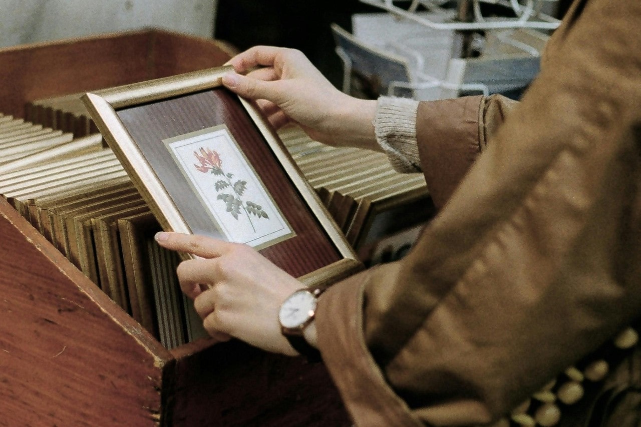 A person wearing a white and gold watch looking through vintage picture frames.