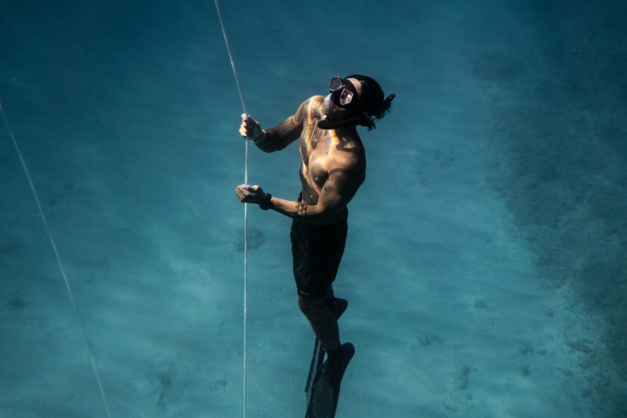 A view of a diver wearing a black watch, pulling himself to the surface by a rope.