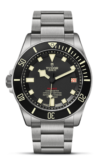 A TUDOR Pelagos watch with stainless steel bracelets and black dial with white hands