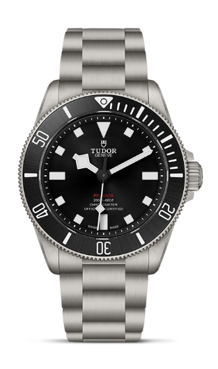 A stainless steel TUDOR Pelagos watch with black dial and rotating bezel. 